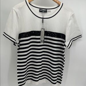 NWT Karl Lagerfeld Black & White Striped Top with Sequin Band Women Size Large